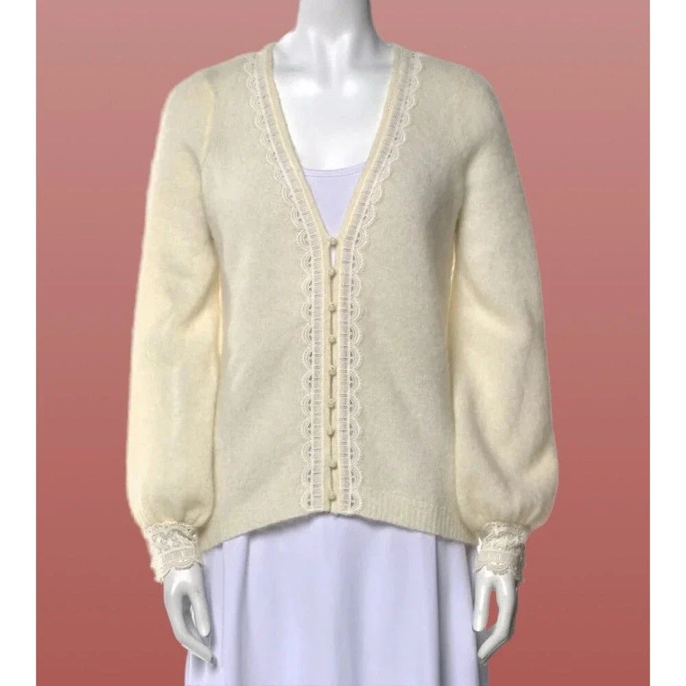 Sézane Women XXL Cardigan La Maille Lace Trim Pearl Button Kid Mohair Wool Ivory